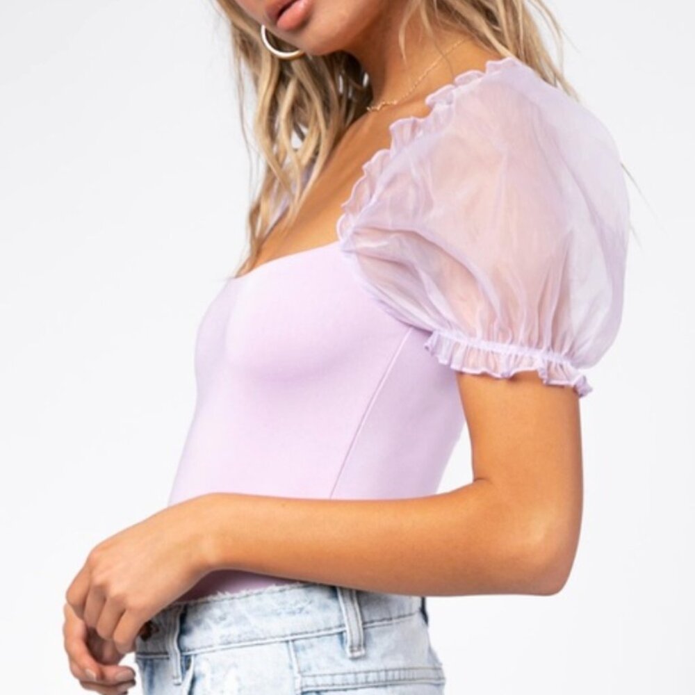 PRINCESS POLLY Girl In Love Bodysuit in Lilac Pastel Feminine Puff Sleeve Fairy